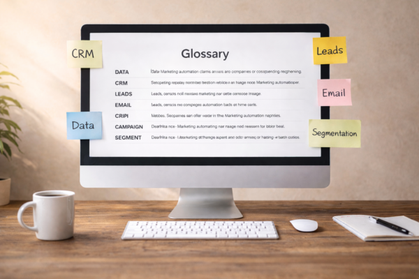 Computer monitor displaying a marketing automation glossary with terms like data, CRM, leads, email, campaign, and segmentation on a modern workspace desk with sticky notes, notebook, and keyboard.
